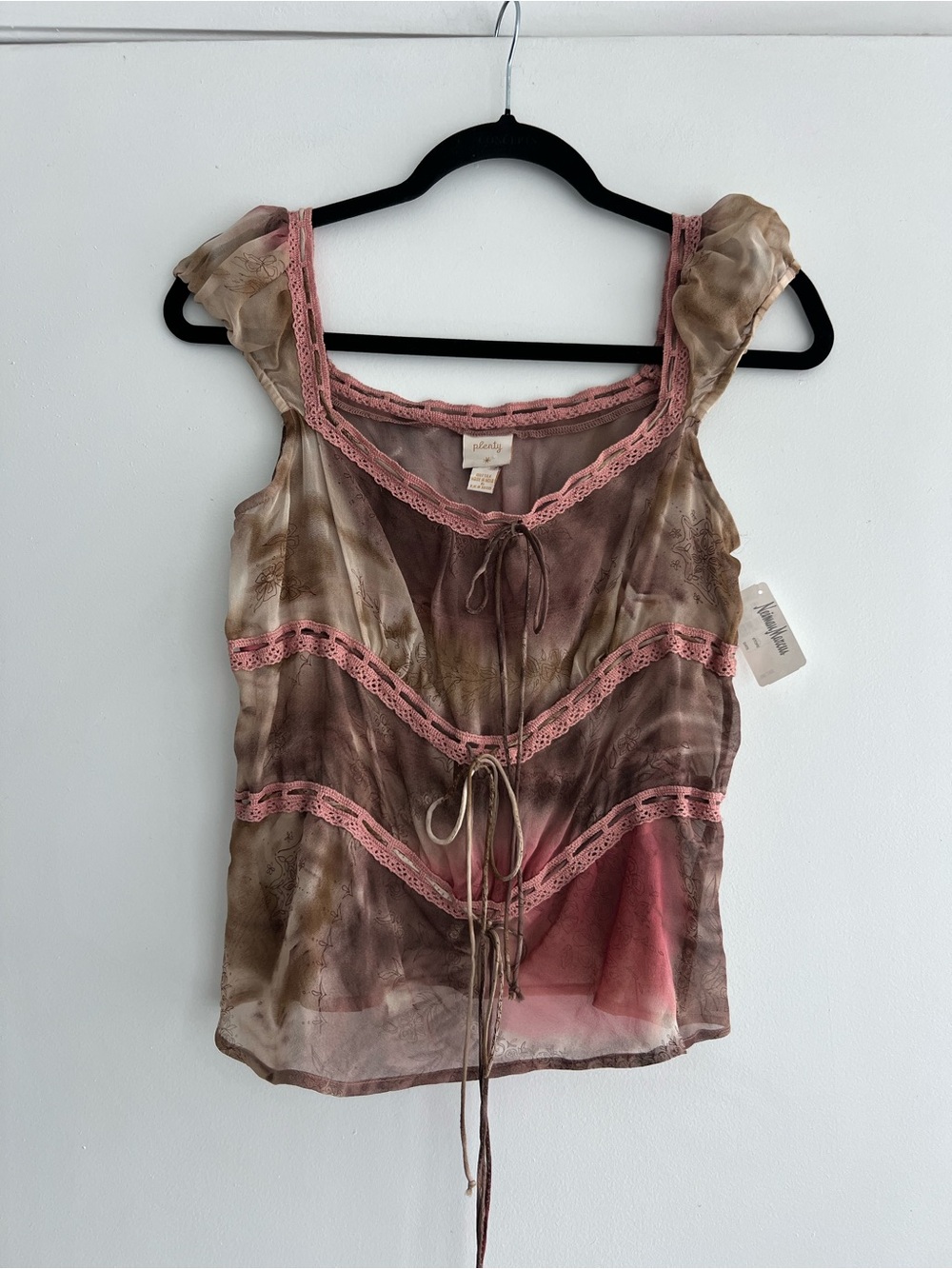 Plenty Brown Sheer Camisole with Pink Lace Trim